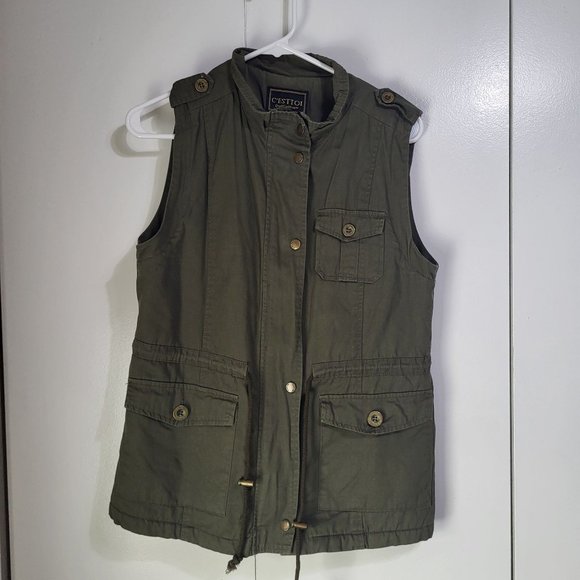 C'ESTTOI Vest Women S Green Fuzzy Lining Cinch Drawstring Waist Zip Snaps Milita - Picture 1 of 11